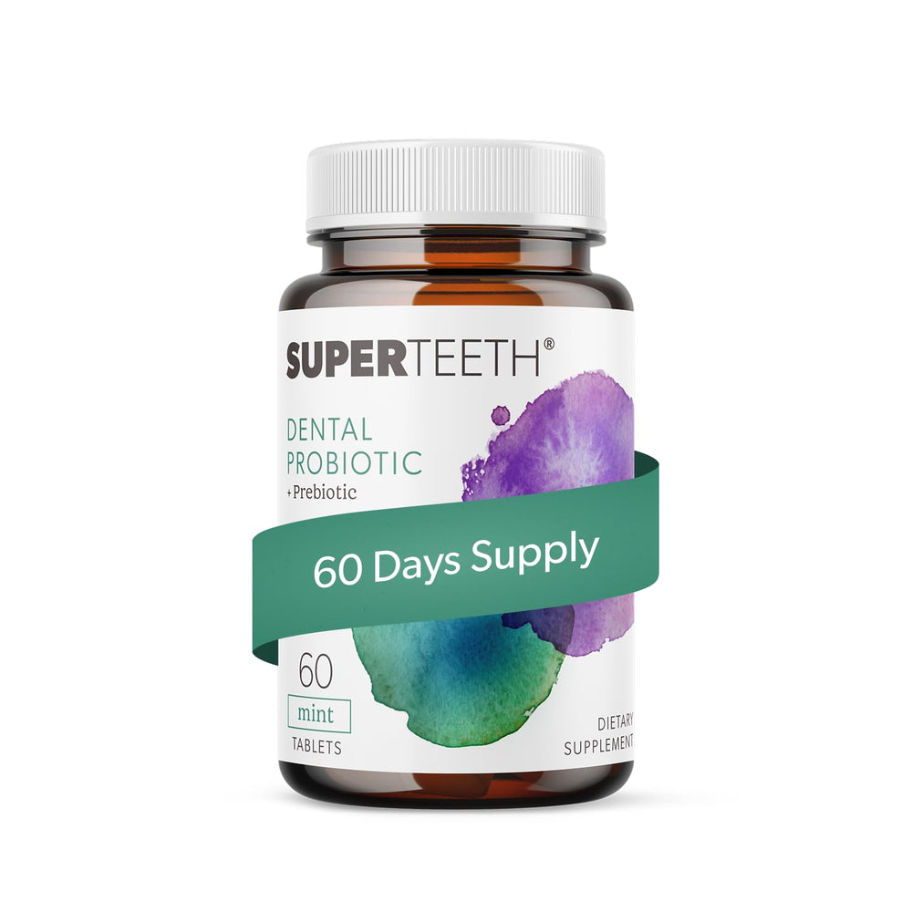 Super Teeth envase frontal mostrando 60 tabletas y beneficio de frescor