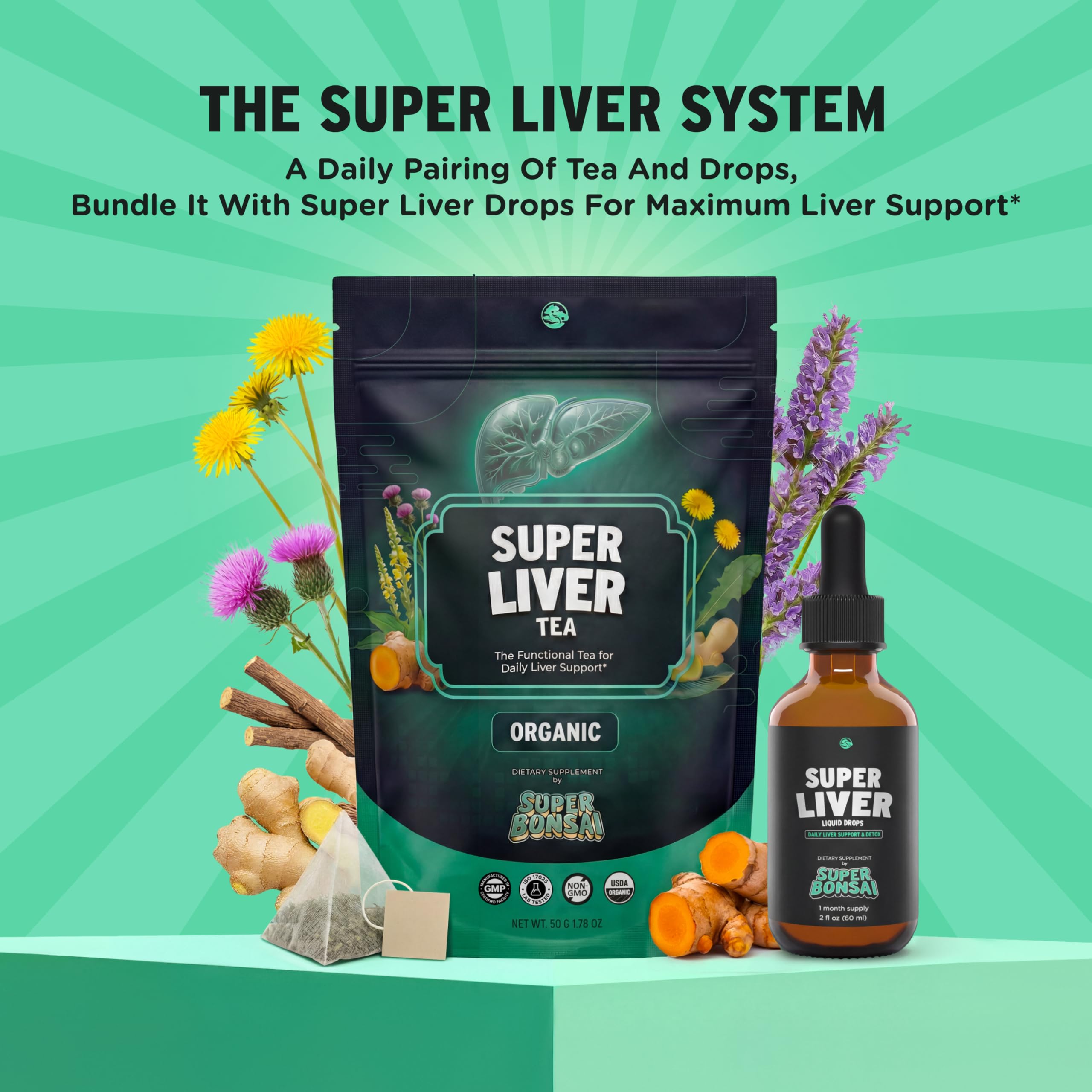 SuperBonsai etiqueta del producto con lista de ingredientes orgánicos