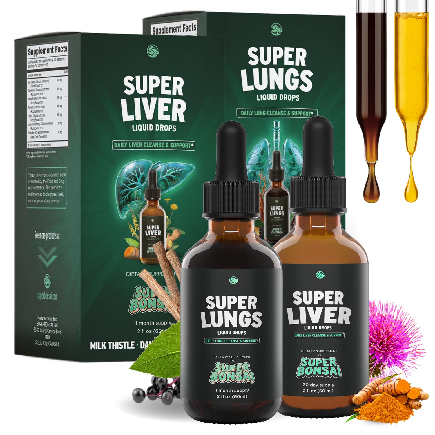 SuperBonsai frontal del pack bundle mostrando frascos y beneficios