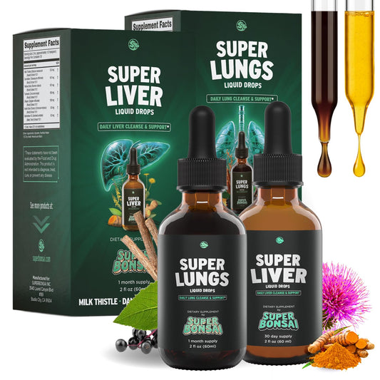 SuperBonsai frontal del pack bundle mostrando frascos y beneficios