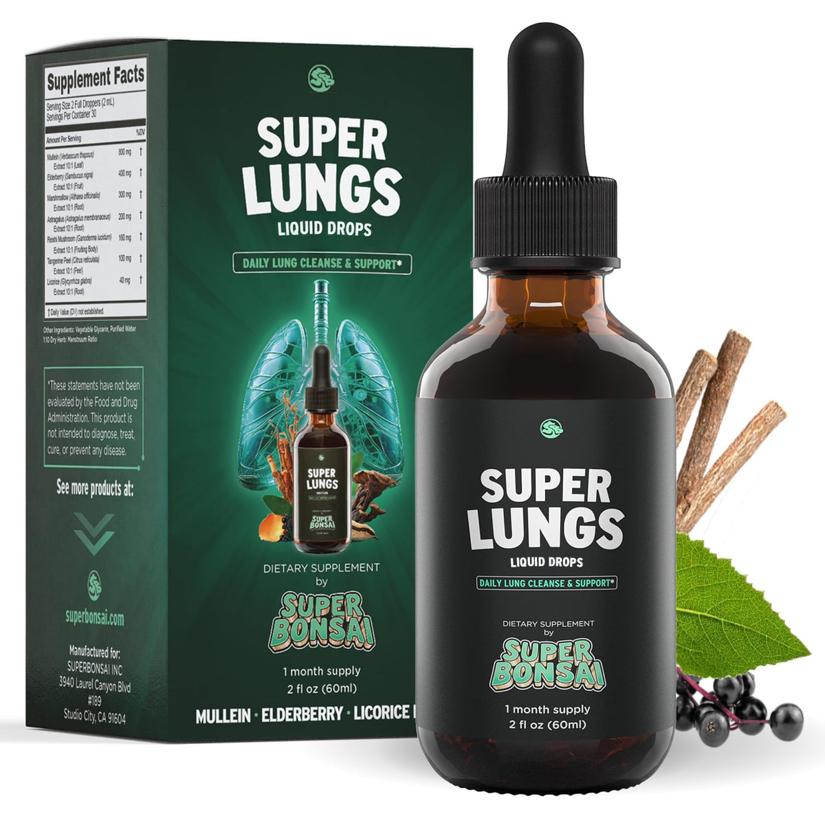 SuperBonsai frasco Super Lungs al frente mostrando el diseño y beneficio respiratorio