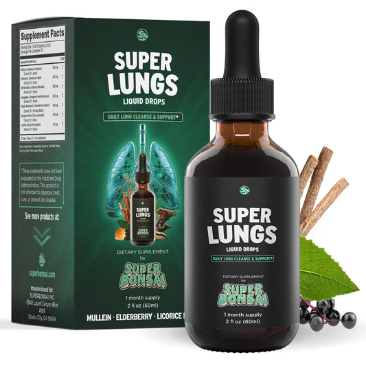 SuperBonsai frasco Super Lungs al frente mostrando el diseño y beneficio respiratorio