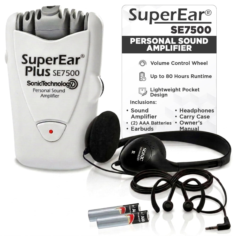 SuperEar SE7500 vista frontal con todos los componentes para uso inmediato
