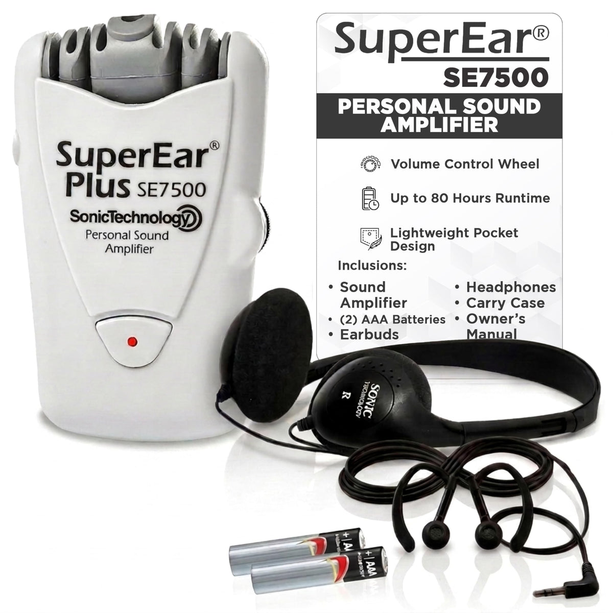 SuperEar SE7500 vista frontal con todos los componentes para uso inmediato