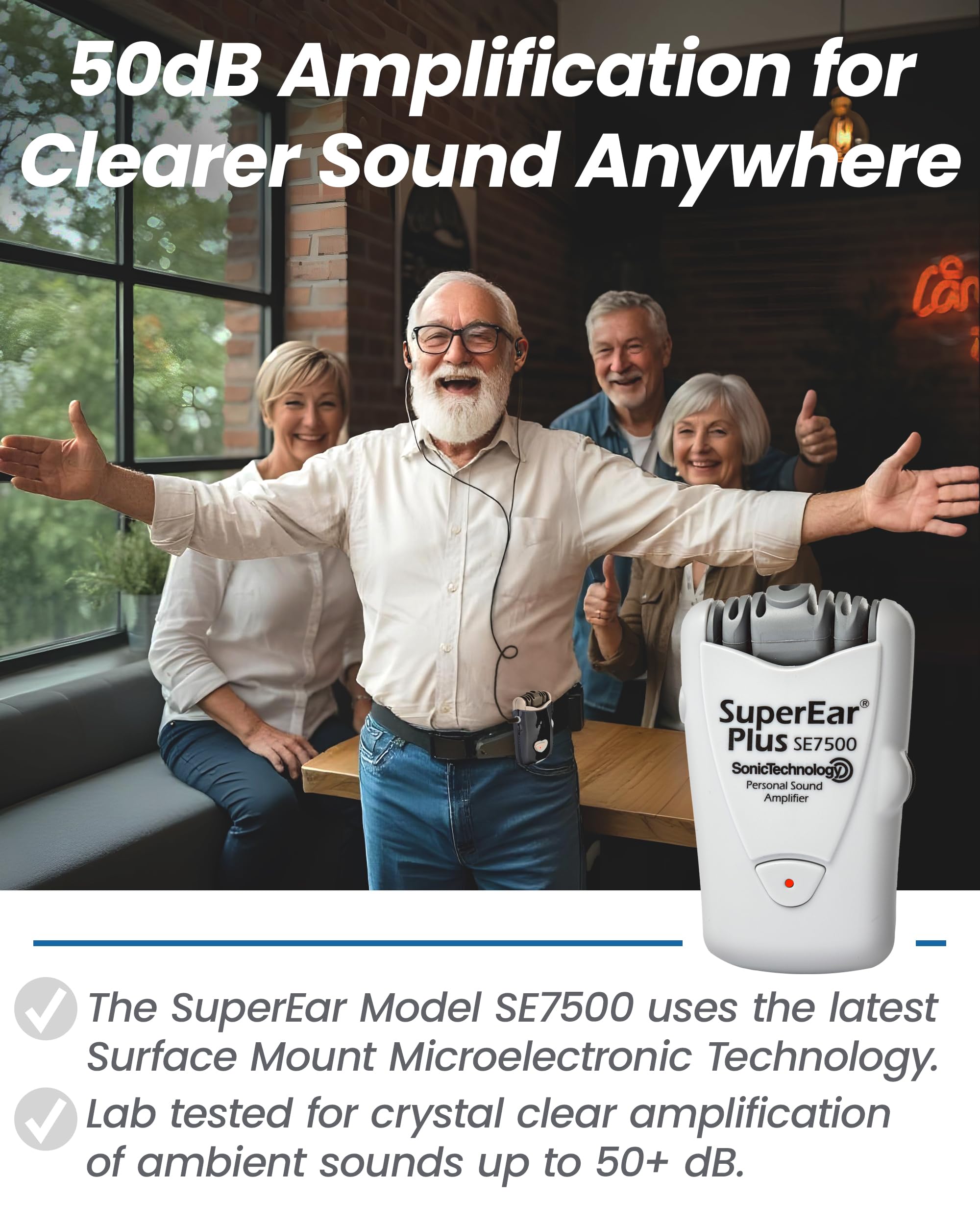 SuperEar SE7500 kit abierto con pilas y manual para iniciación rápida