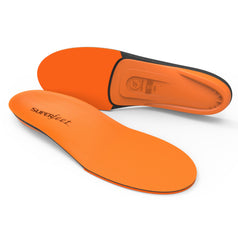 Superfeet plantilla Orange vista frontal con empaque, soporte fiable