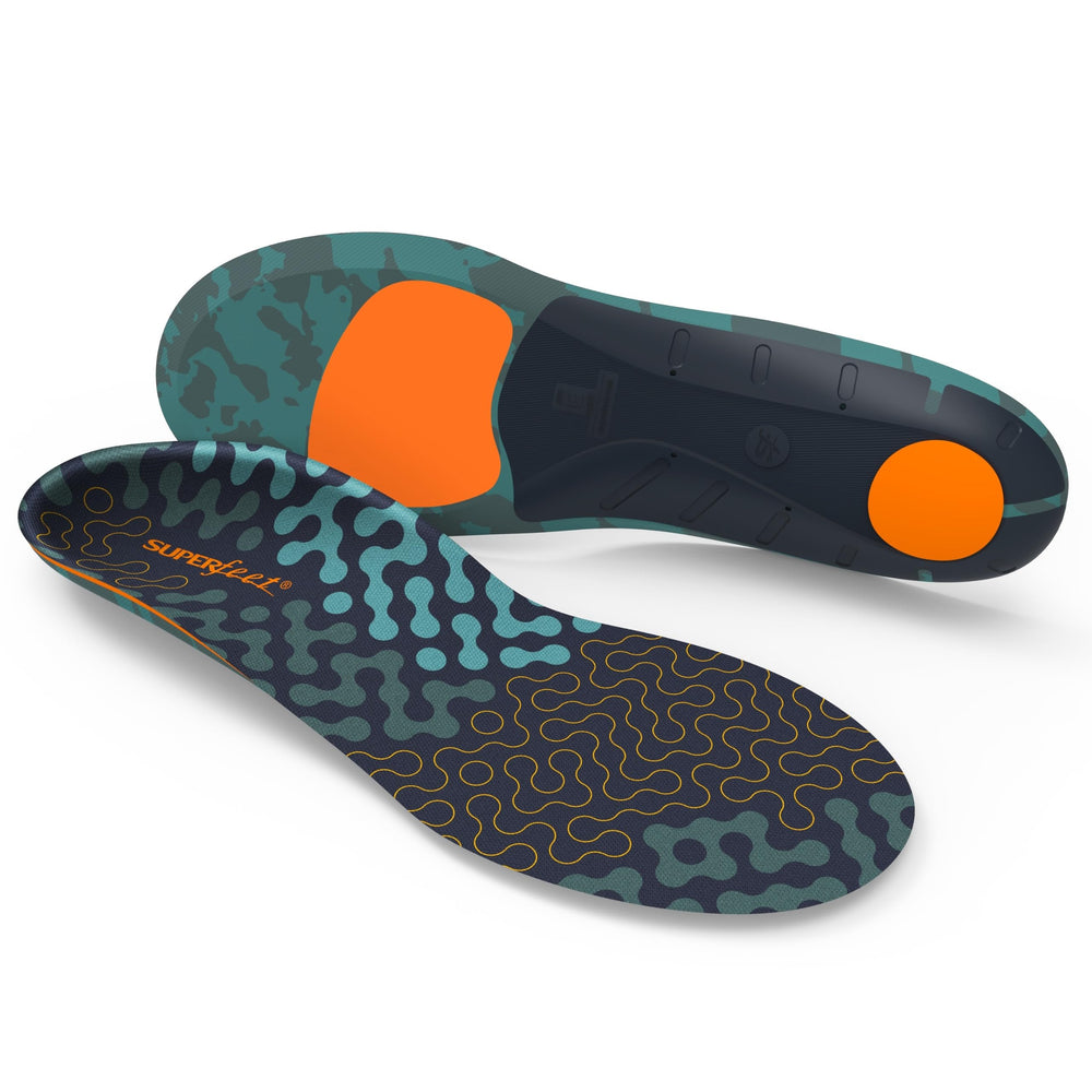 Superfeet run cushion frontal del empaque mostrando especificaciones y talla, soporte fiable