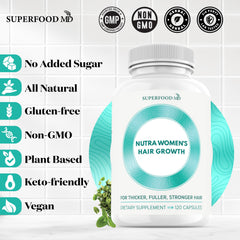 Mujer mayor con cabello más abundante tras uso de Superfood MD, ilustra resultado esperado