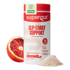 Supergut frasco frontal del suplemento Blood Orange mostrando diseño y beneficio práctico