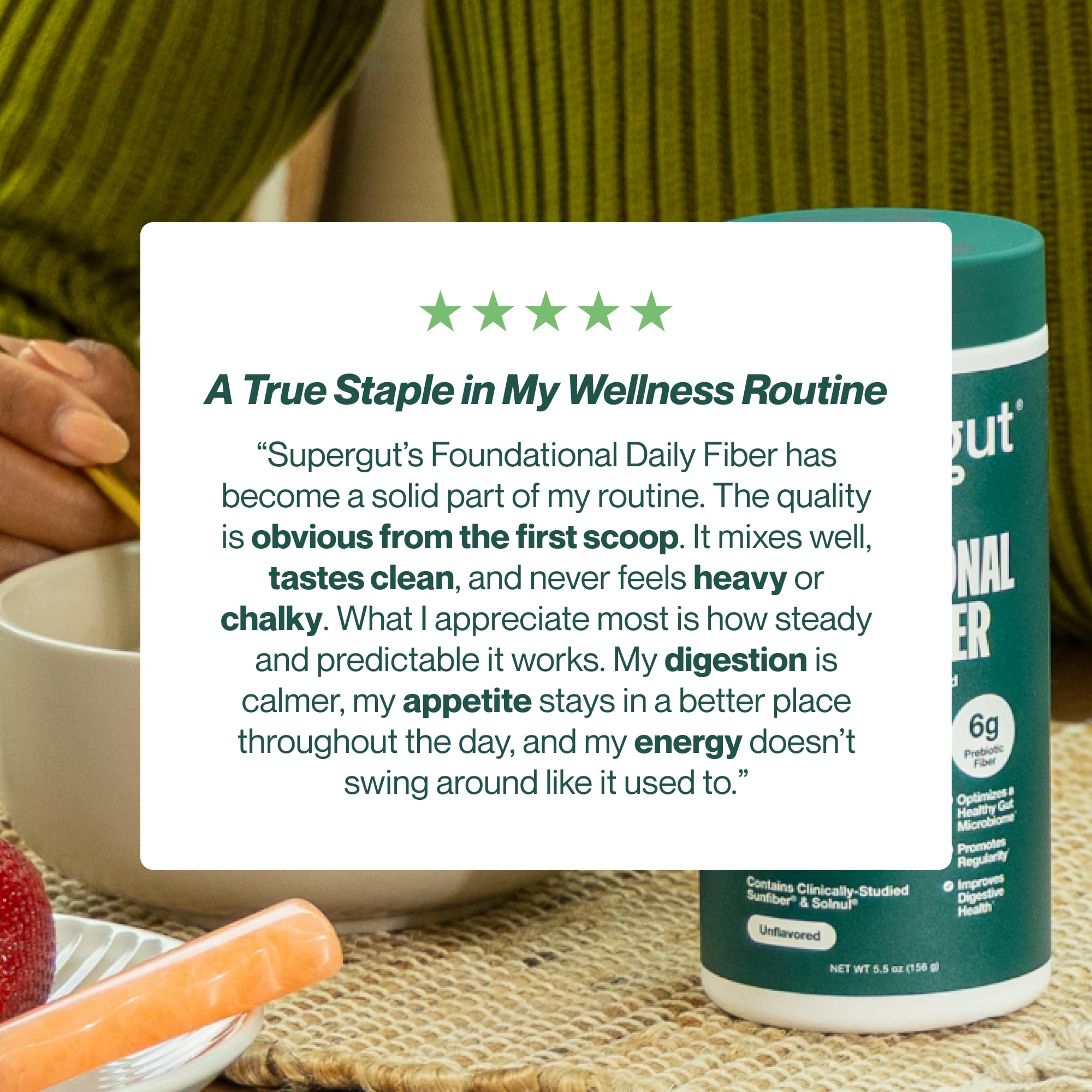 Mesa de desayuno con Supergut integrado en recetas para estilo de vida saludable
