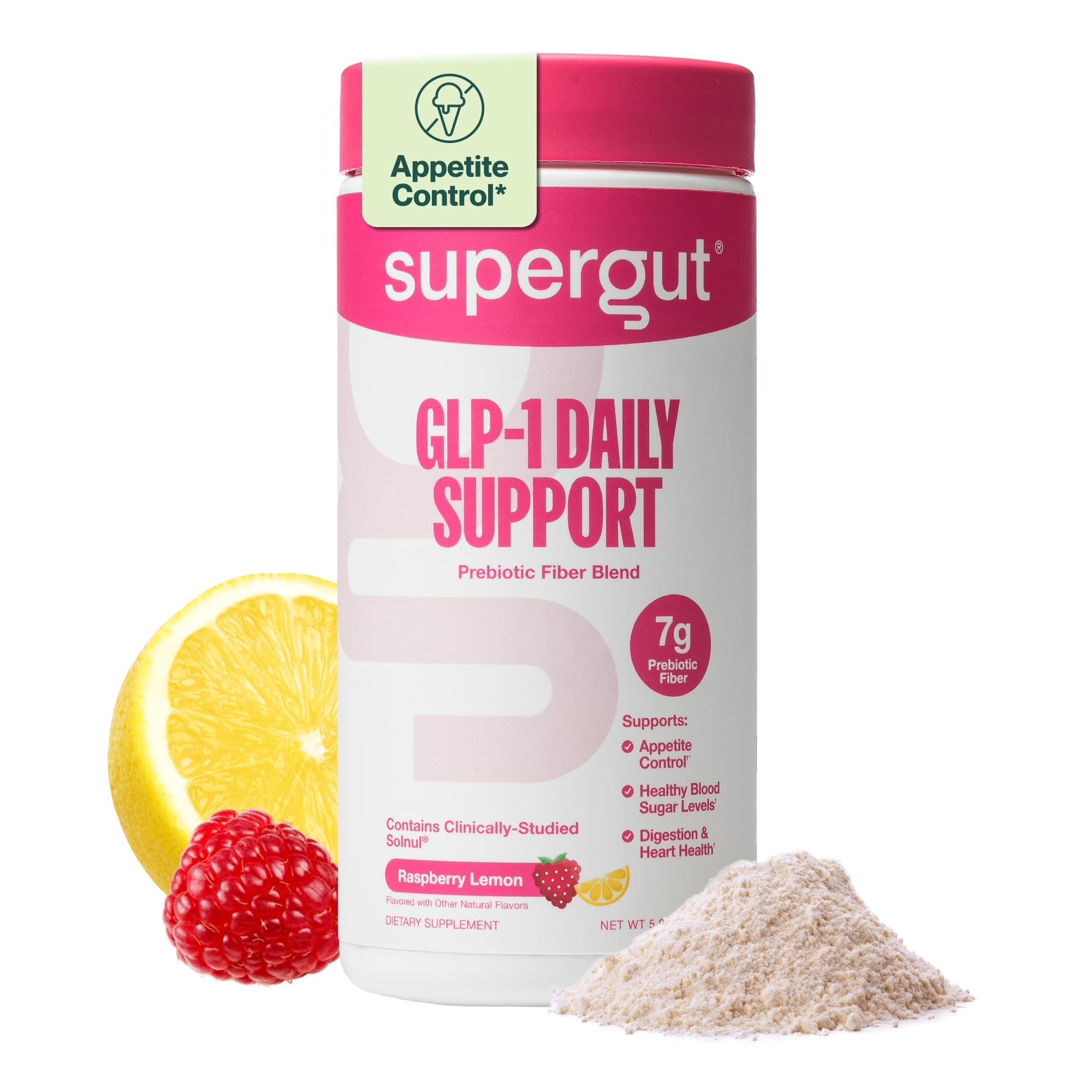 Supergut envase frontal sabor frambuesa limón mostrando marca y aporte de fibra