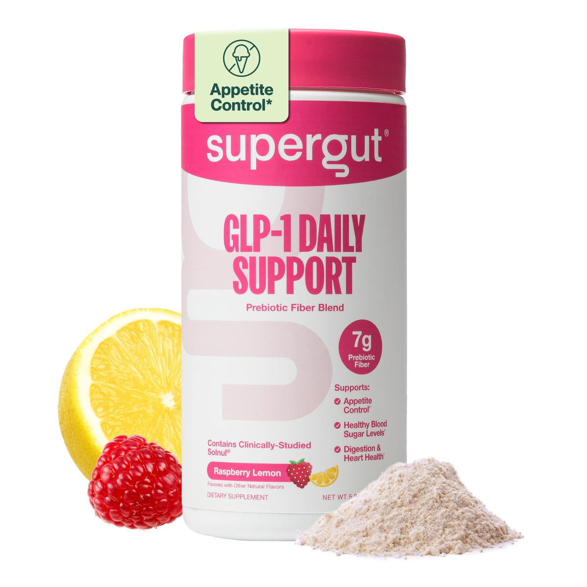 Supergut envase frontal sabor frambuesa limón mostrando marca y aporte de fibra