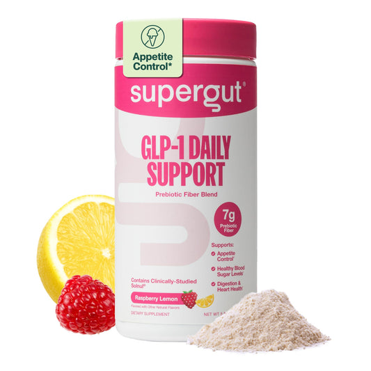 Supergut envase frontal sabor frambuesa limón mostrando marca y aporte de fibra