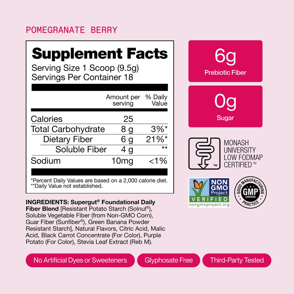 Supergut frasco abierto mostrando polvo dentro, fácil de usar y medir porciones
