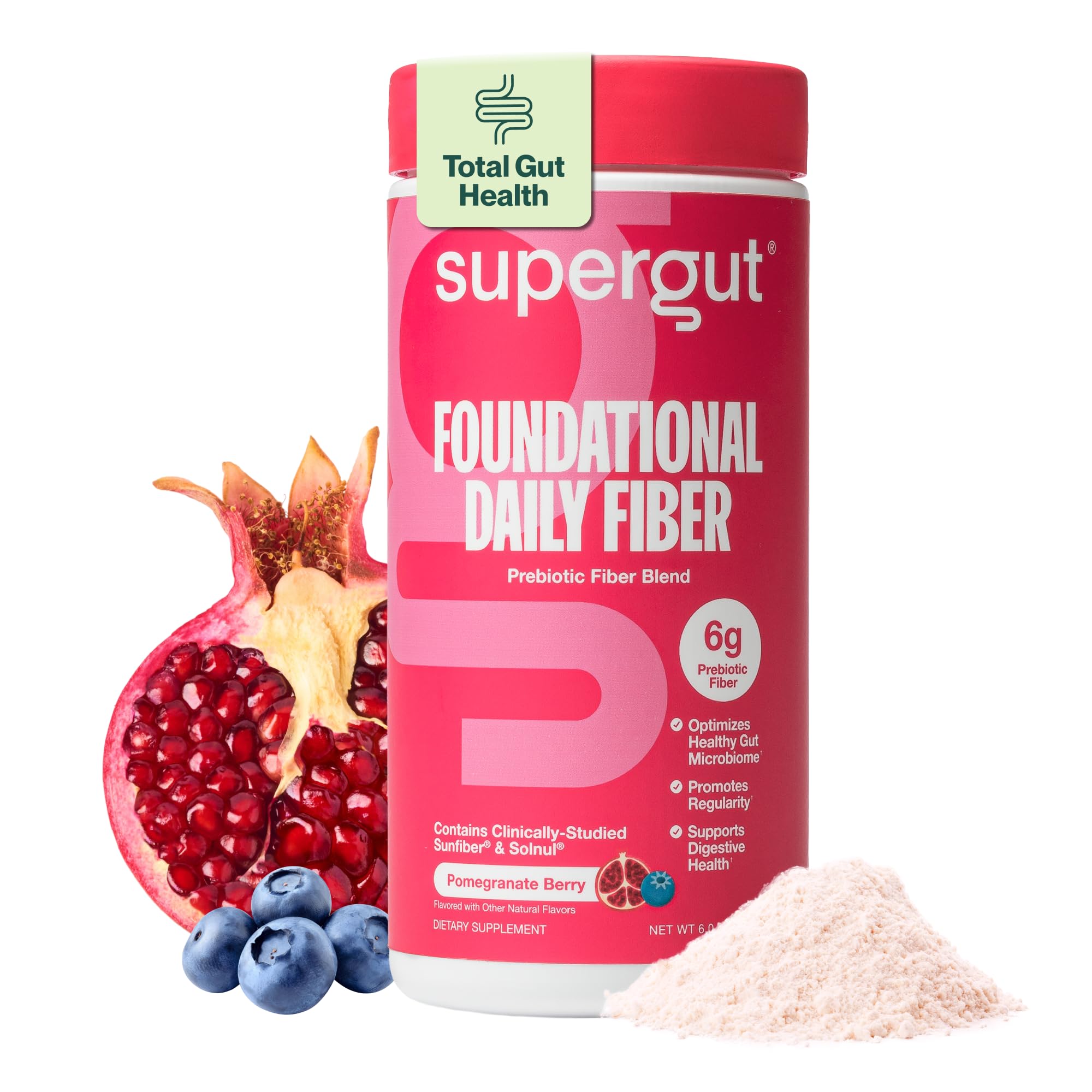 Supergut frente del empaque mostrando sabor granada y frutos rojos, fácil identificación