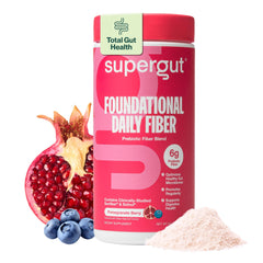 Supergut frente del empaque mostrando sabor granada y frutos rojos, fácil identificación
