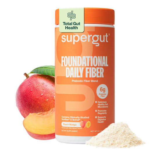Supergut frente del envase mostrando 18 porciones y sabor Peach Mango, práctico