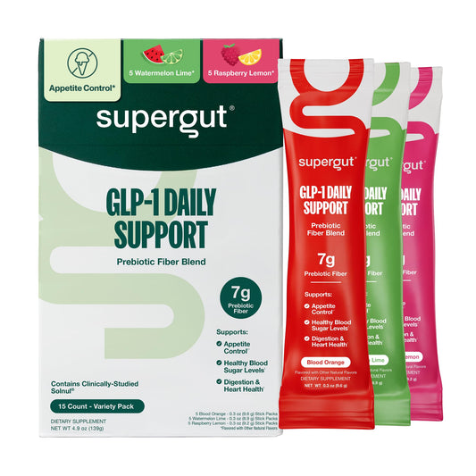 Supergut pack frontal mostrando envase y variedad de sabores, claridad en ingredientes