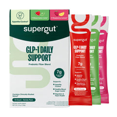 Supergut pack frontal mostrando envase y variedad de sabores, claridad en ingredientes
