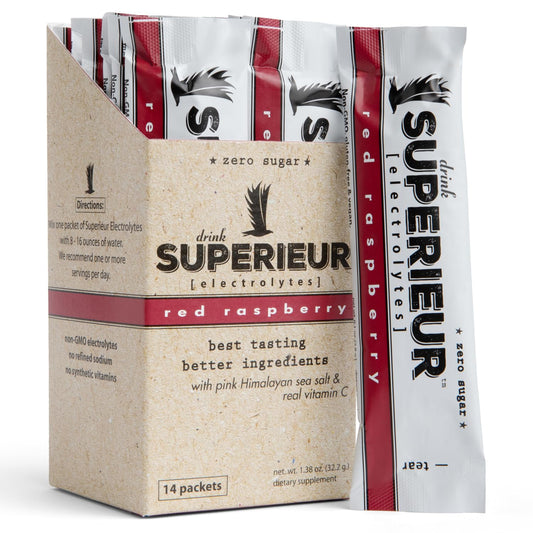 Superieur frambuesa packaging frontal mostrando sobres y marca, conveniencia