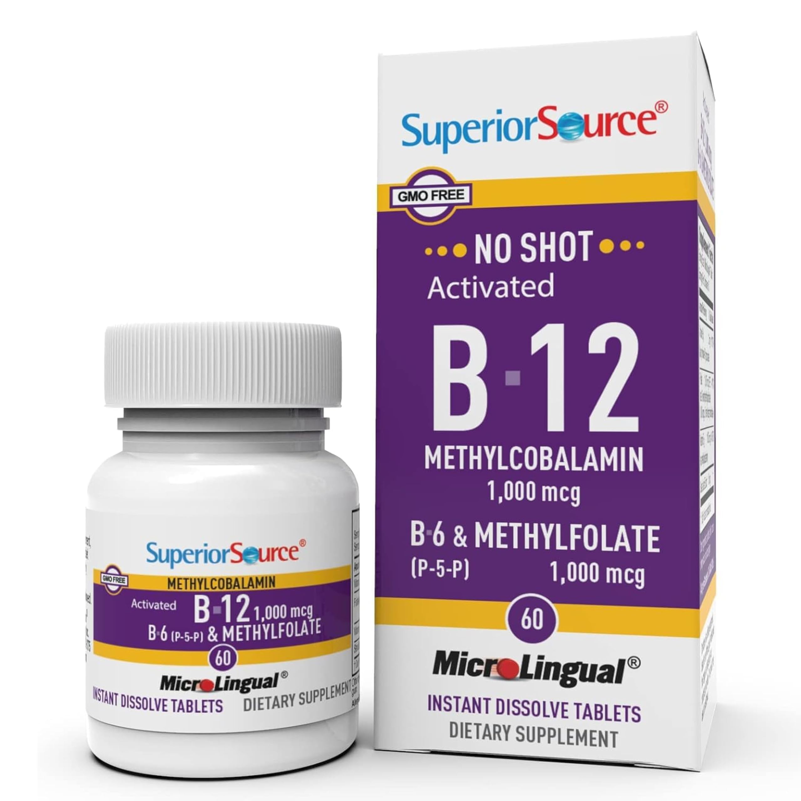 Envase Superior Source B‑12 frontal mostrando presentación y beneficio de rápida absorción