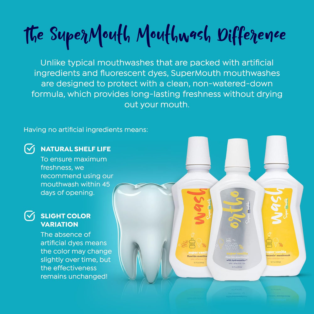 SuperMouth botella junto a un cepillo para comparar tamaño y dosificación