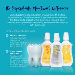 SuperMouth botella junto a un cepillo para comparar tamaño y dosificación
