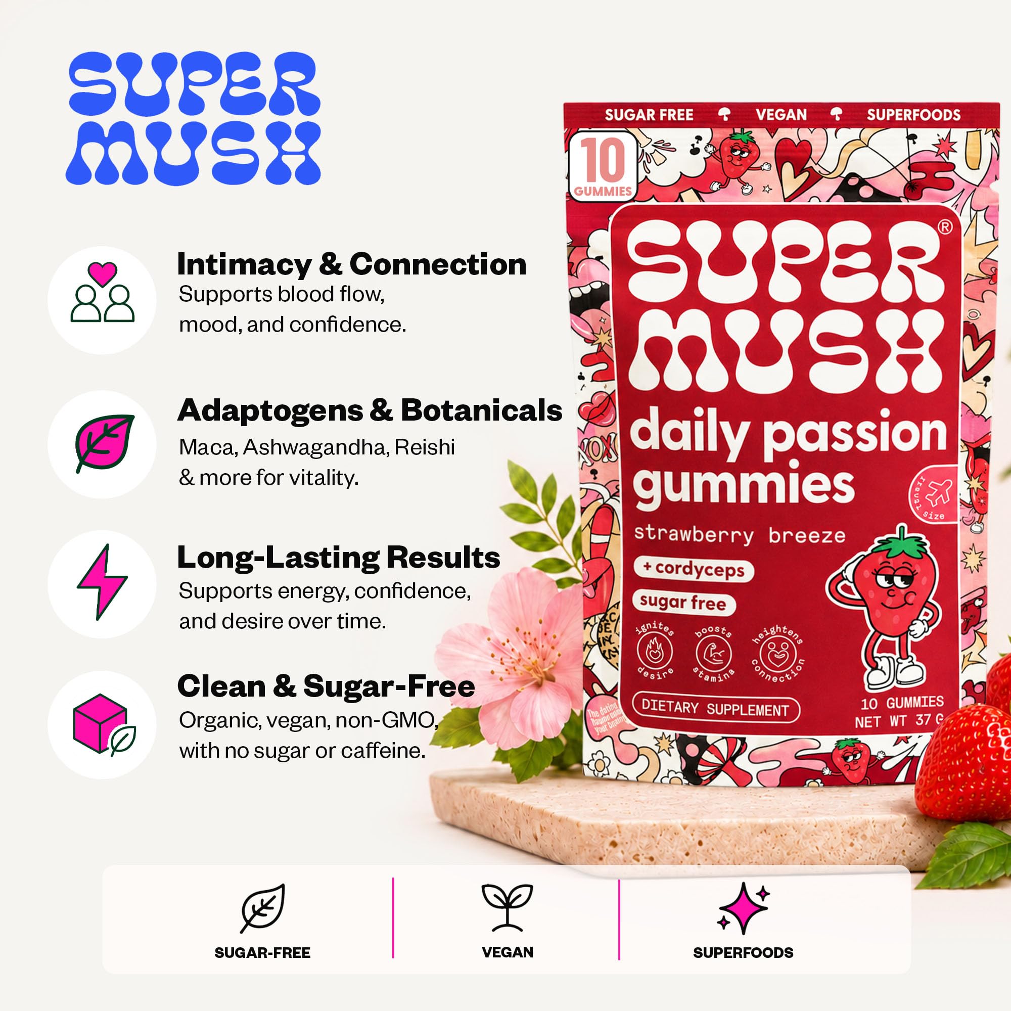 SuperMush envase abierto con gominolas transmite conveniencia