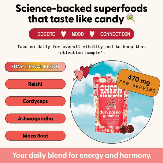SuperMush gomita en primer plano que muestra textura y atractivo de sabor