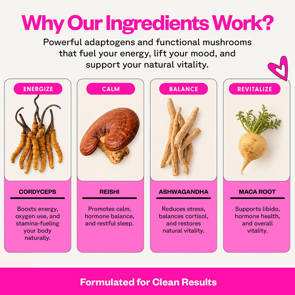 Ingredientes naturales sobre mesa con sello SuperMush y sensación natural