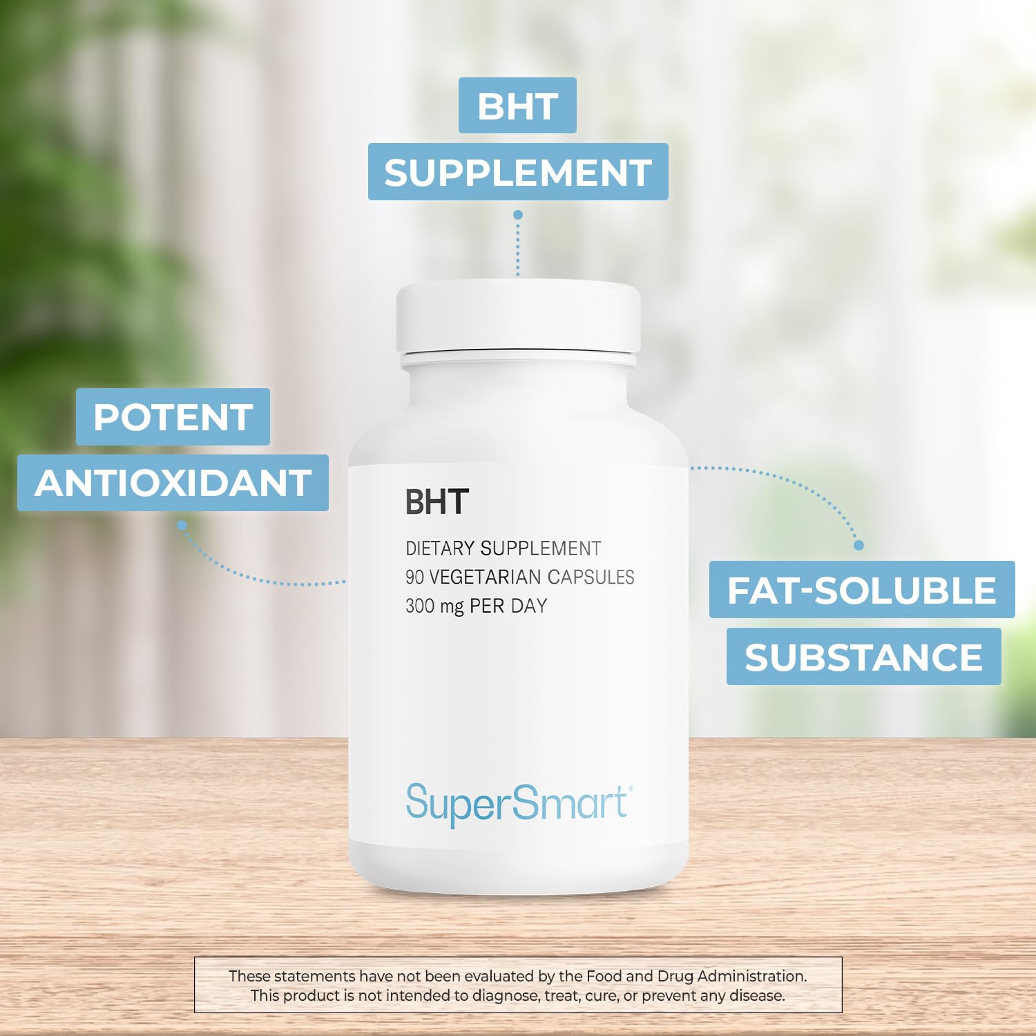 Etiqueta frontal de Supersmart BHT con información de uso e ingredientes.