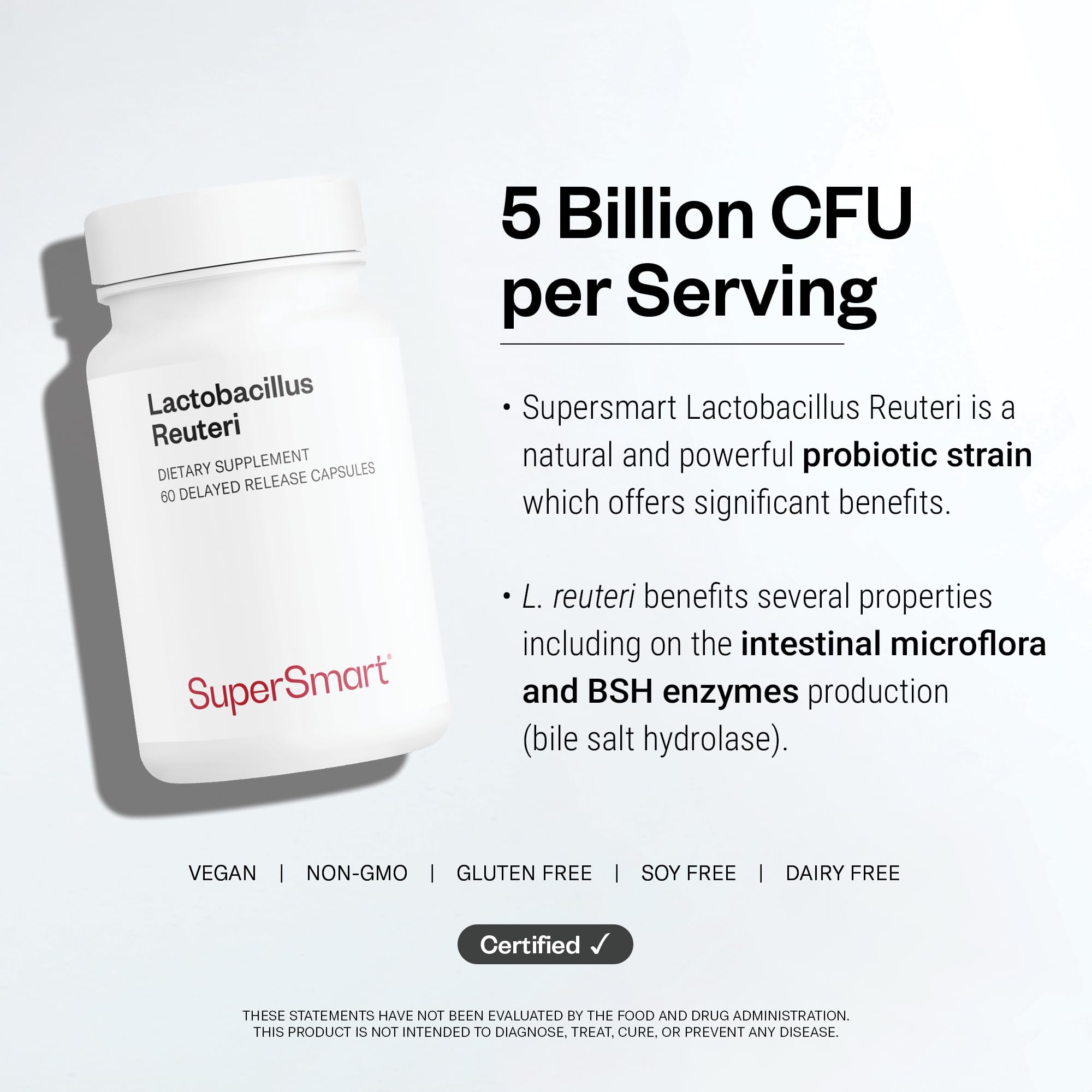 Supersmart etiqueta con información de Lactobacillus reuteri y dosificación