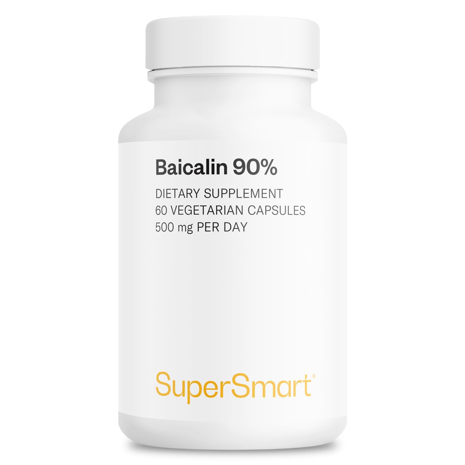 Supersmart frasco frontal mostrando baicalina 90% y beneficios de pureza