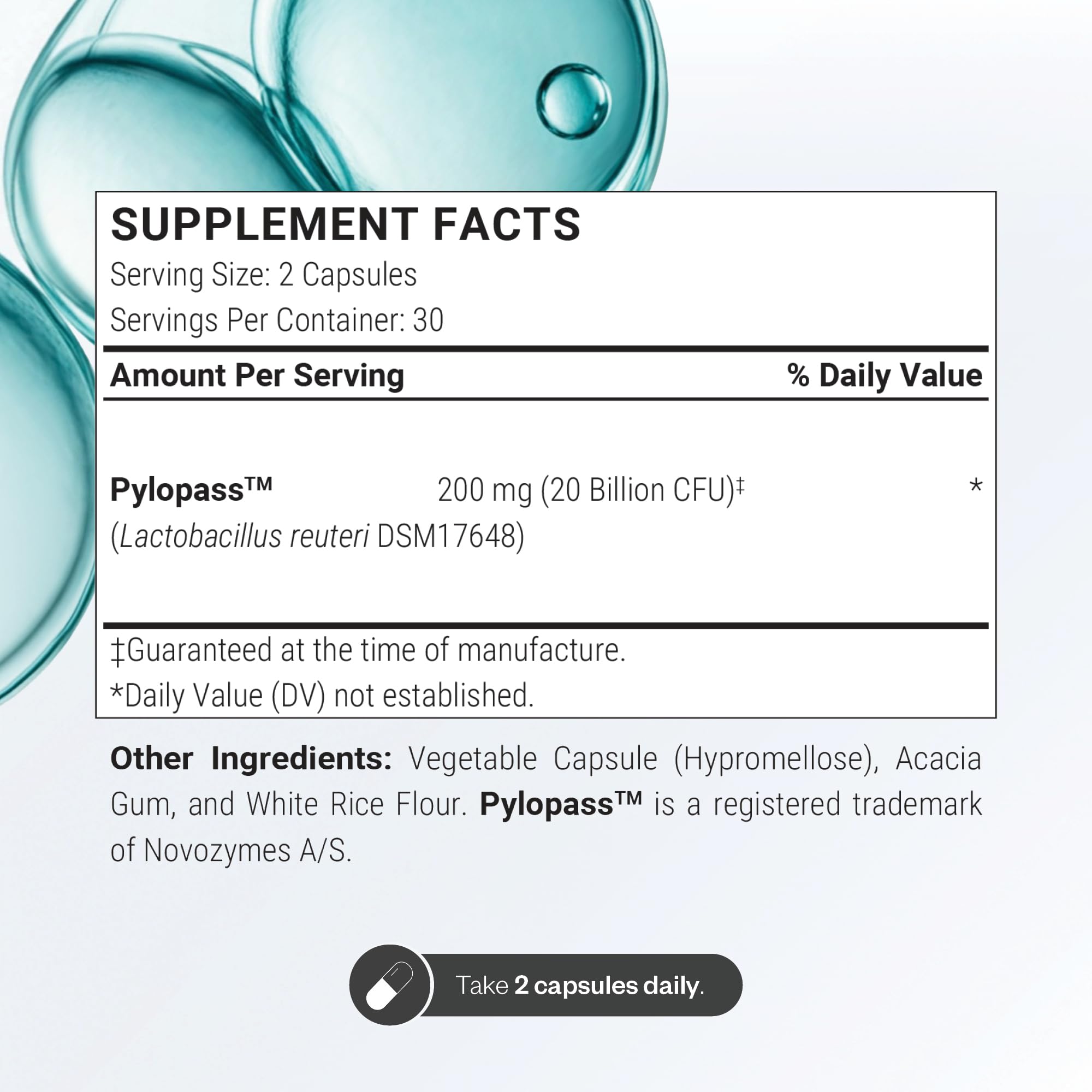 Supersmart H. Pylori envase abierto con cápsulas para visualizar la dosis diaria recomendada