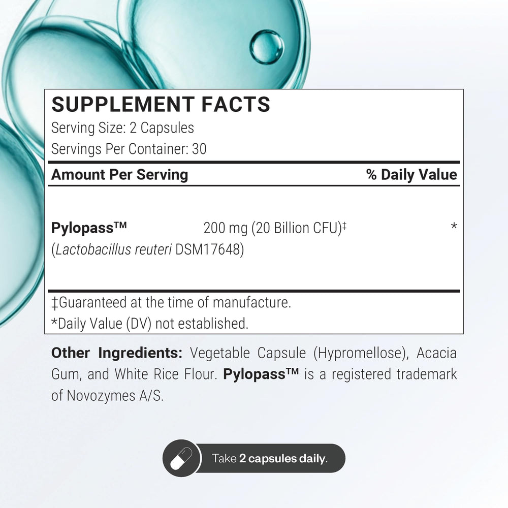Supersmart H. Pylori envase abierto con cápsulas para visualizar la dosis diaria recomendada