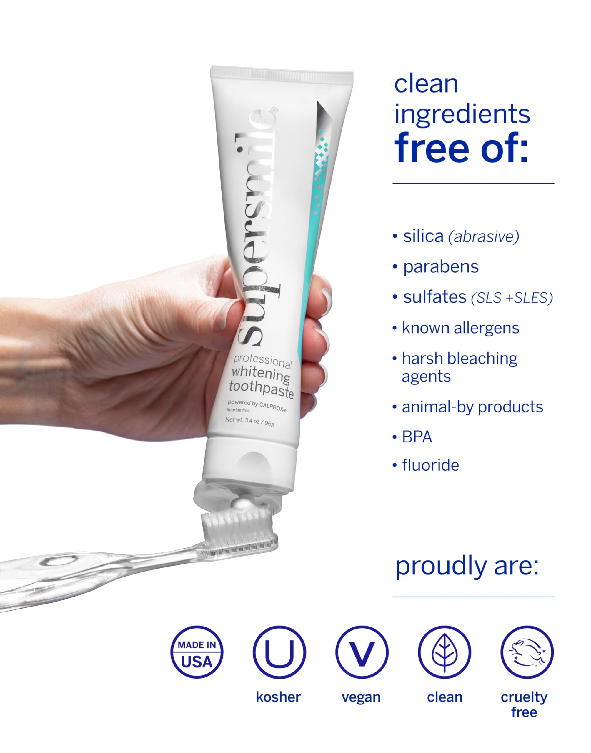 Supersmile etiqueta con ingredientes y beneficio de baja abrasividad