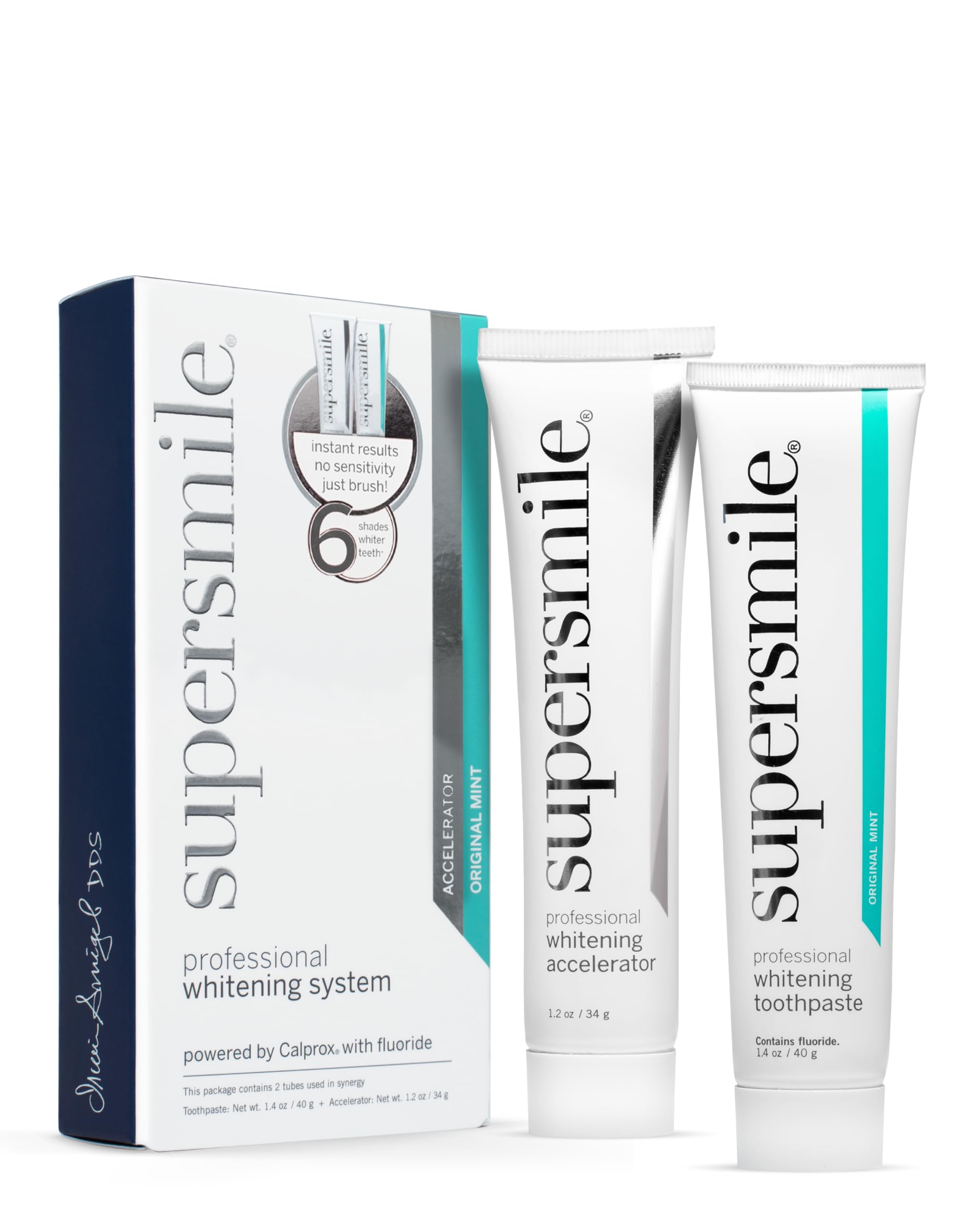 Supersmile empaque frontal mostrando sistema blanqueador y beneficio visual