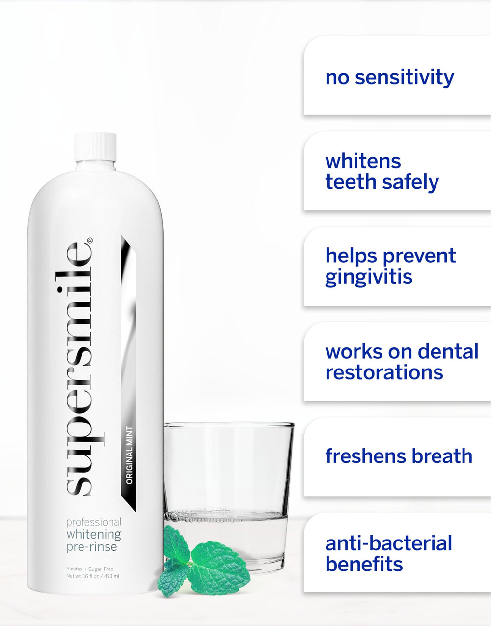 Supersmile botella en mano para comparar tamaño, indica rendimiento de 90 usos