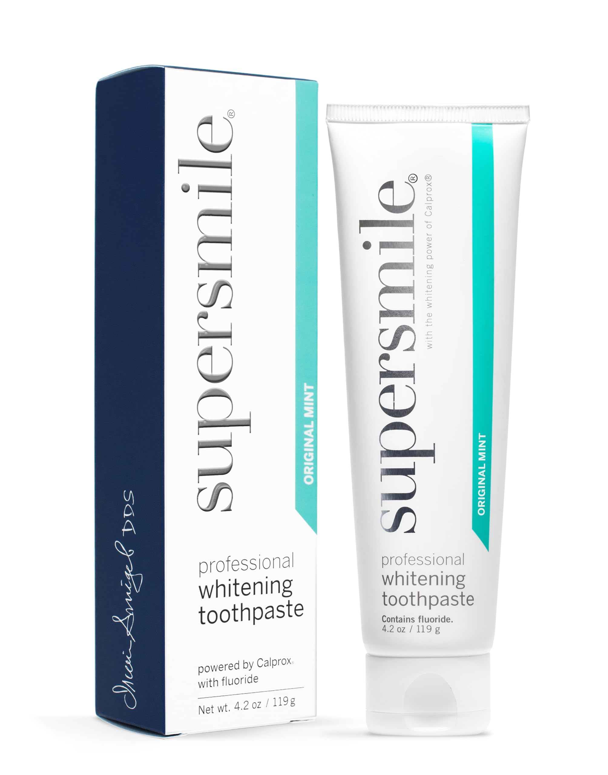 Supersmile tubo frontal mostrando diseño y tamaño, apariencia profesional