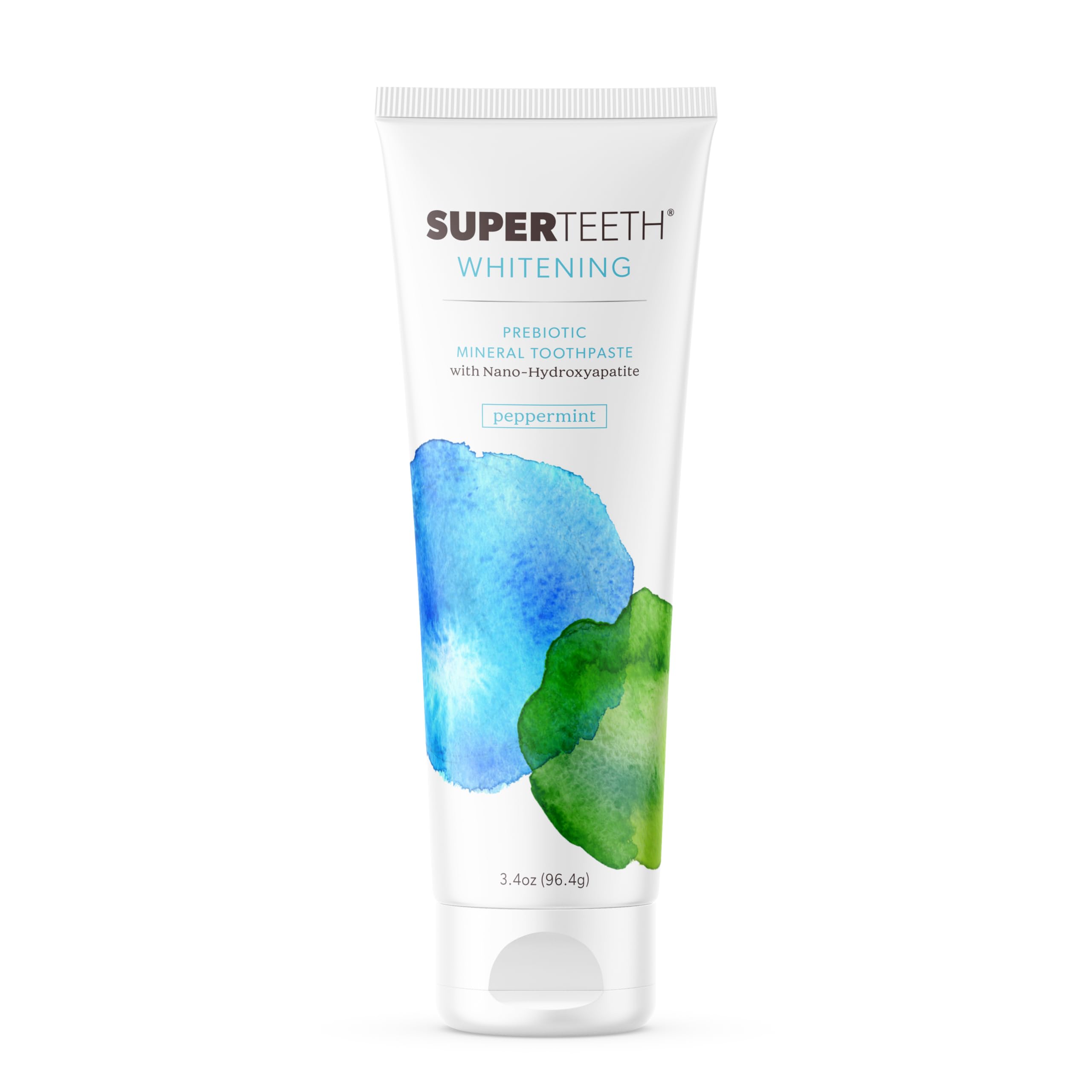 SuperTeeth frente del empaque mostrando menta y beneficios frescura