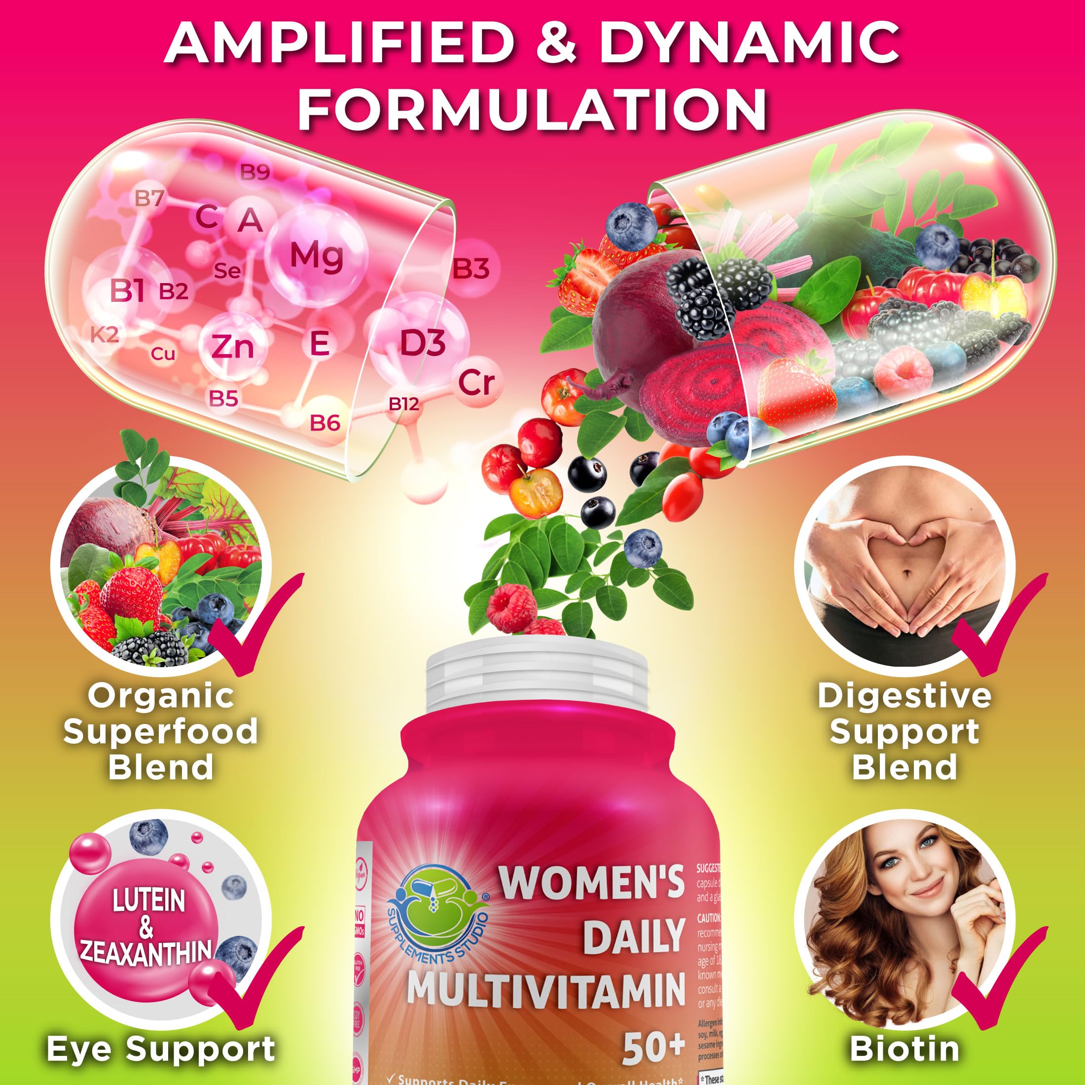 SUPPLEMENTS STUDIO mujer sosteniendo una cápsula para fácil toma diaria