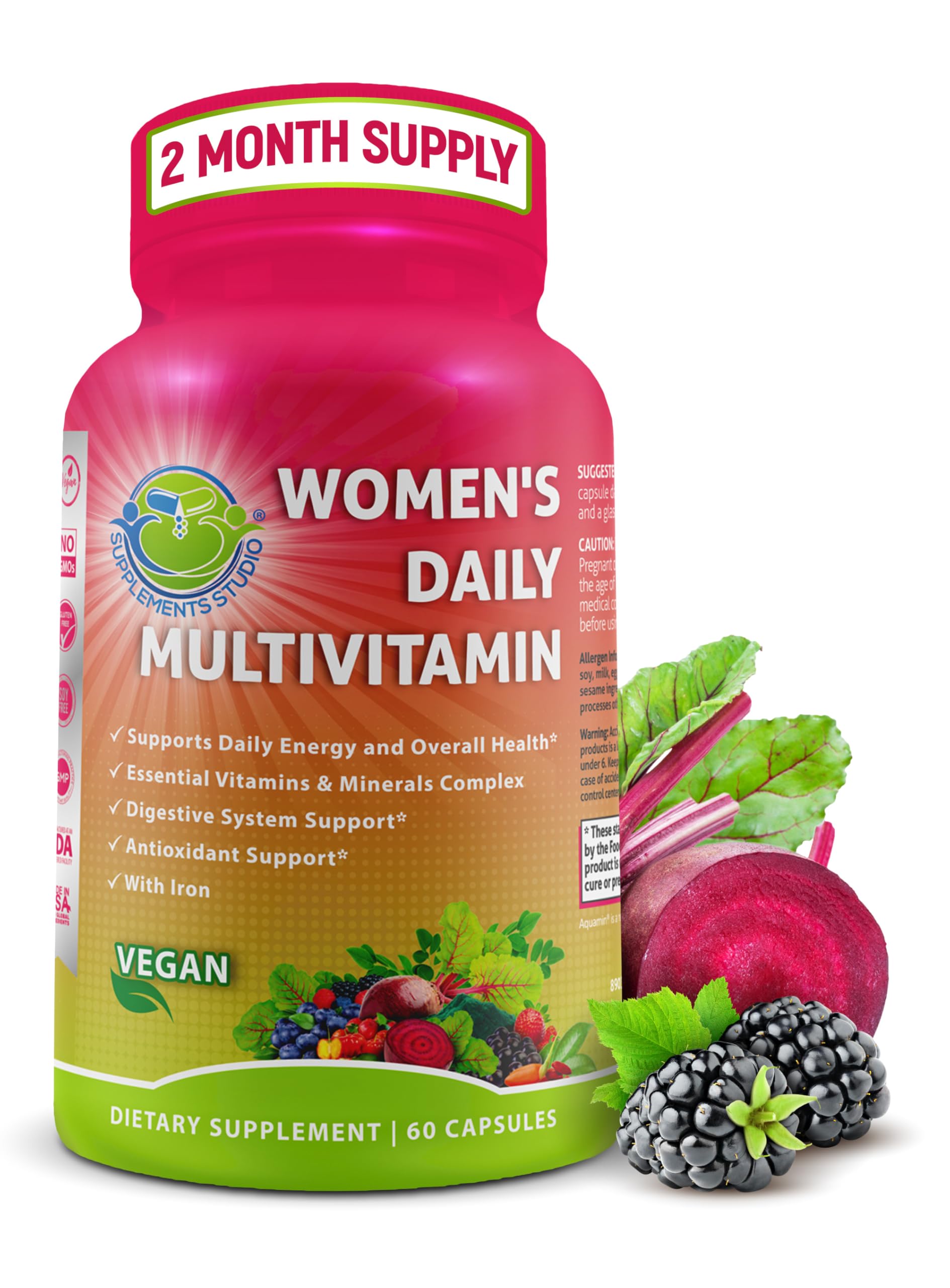 SUPPLEMENTS STUDIO frente del empaque mostrando fórmula vegana y beneficios