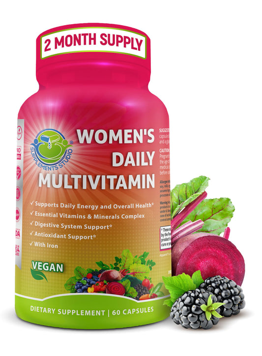 SUPPLEMENTS STUDIO frente del empaque mostrando fórmula vegana y beneficios