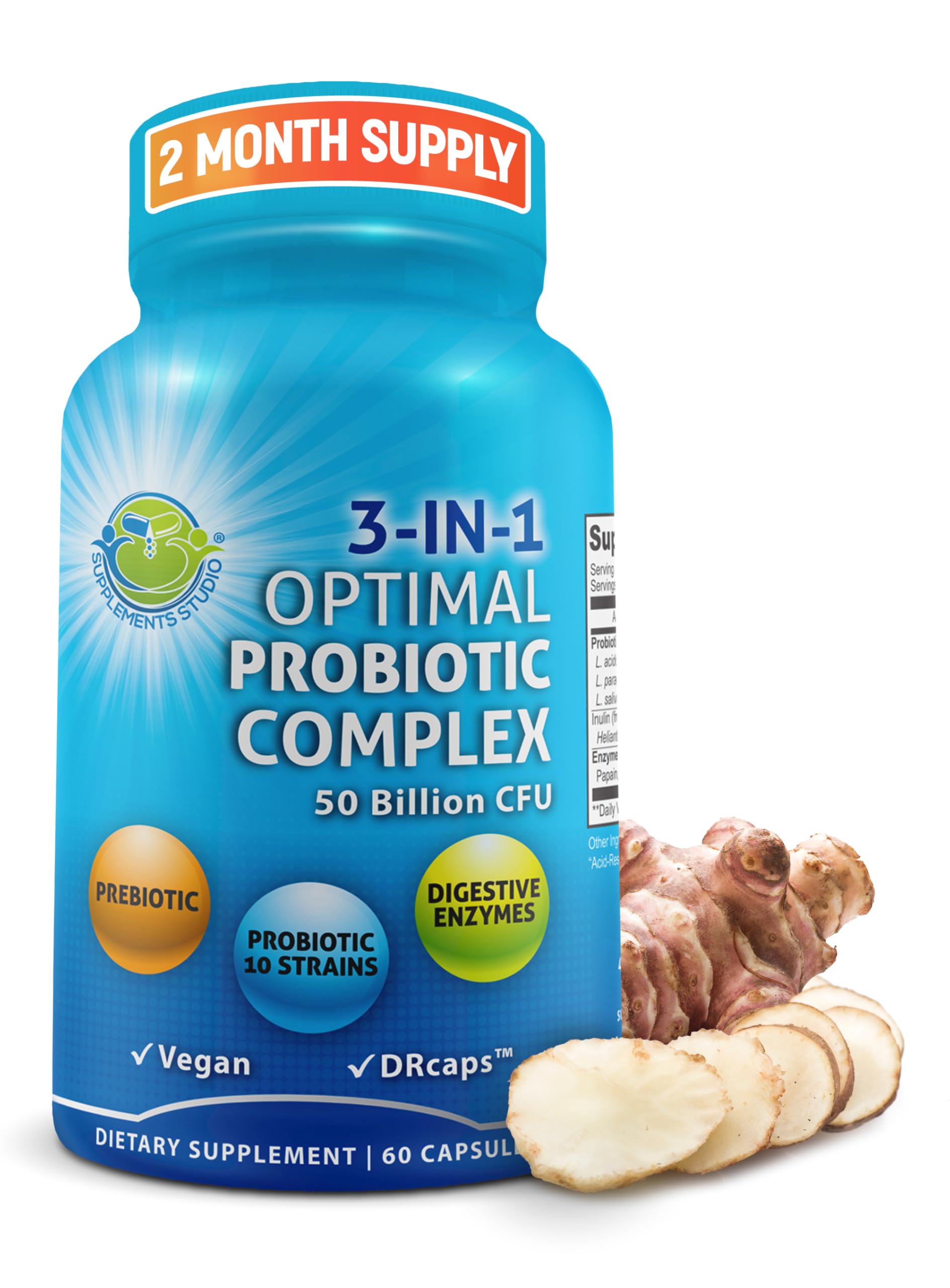 SUPPLEMENTS STUDIO frente del empaque mostrando fórmula 3 en 1 y beneficios