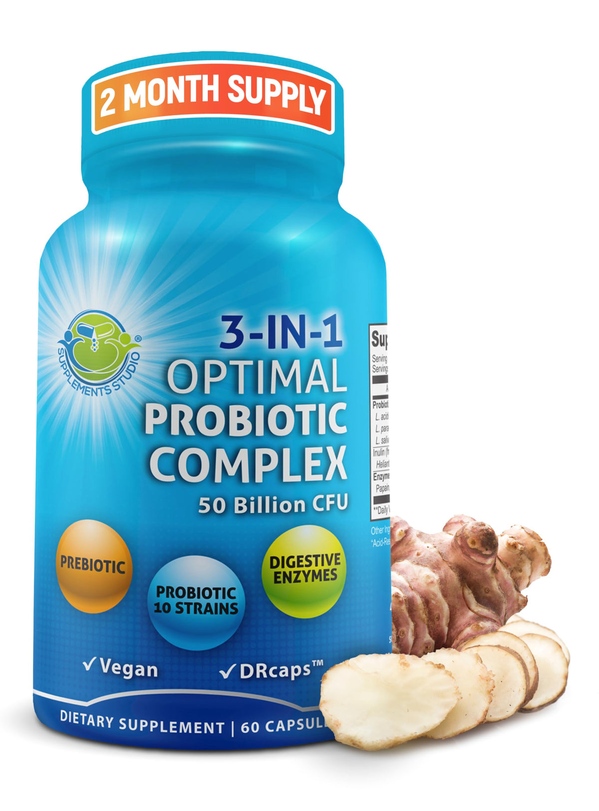 SUPPLEMENTS STUDIO frente del empaque mostrando fórmula 3 en 1 y beneficios