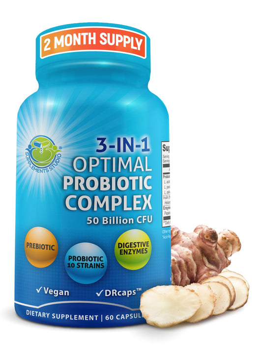 SUPPLEMENTS STUDIO frente del empaque mostrando fórmula 3 en 1 y beneficios