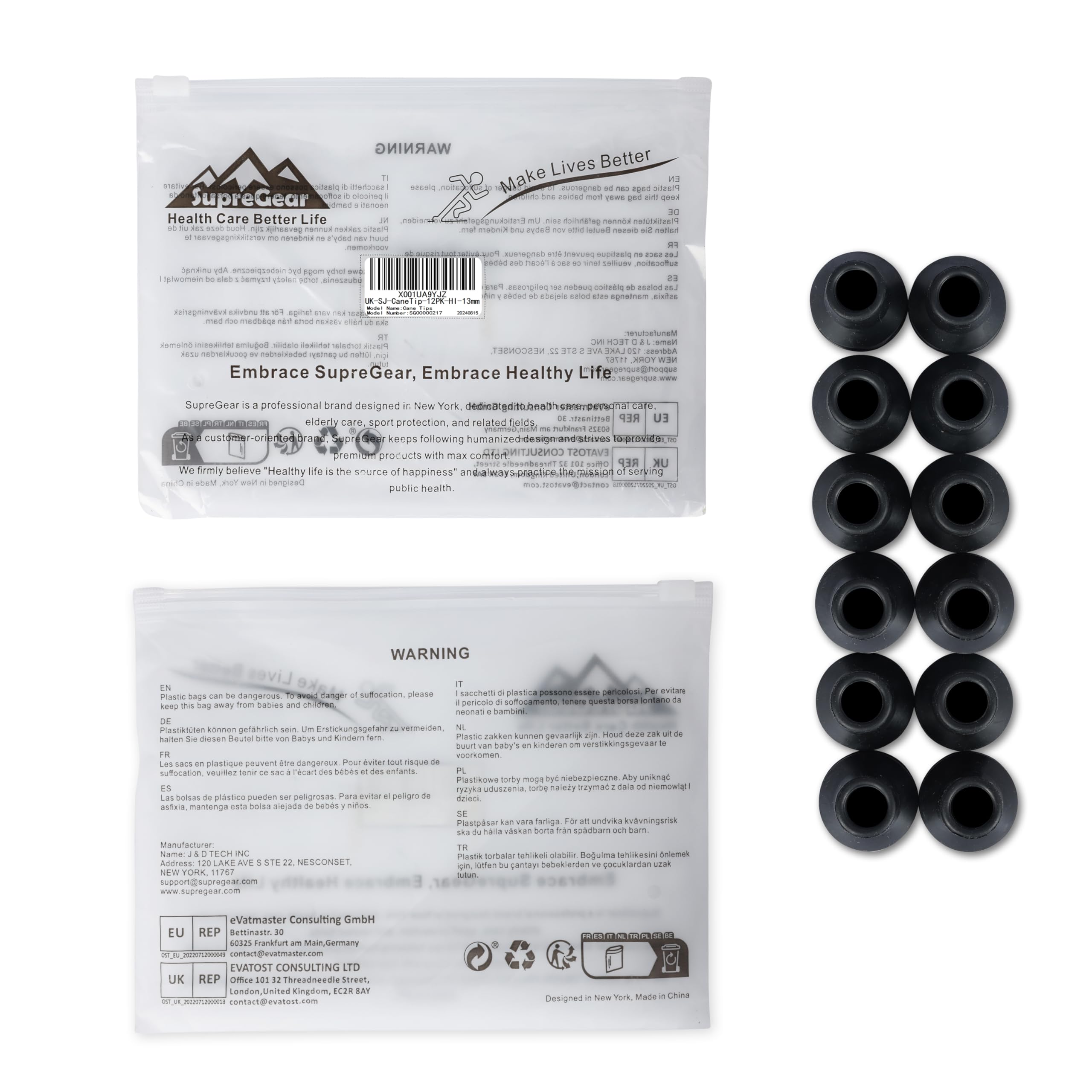 supregear primer plano de la etiqueta con garantía y datos del producto