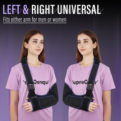 supregear hombre con cabestrillo en parque mostrando movilidad controlada y estabilidad
