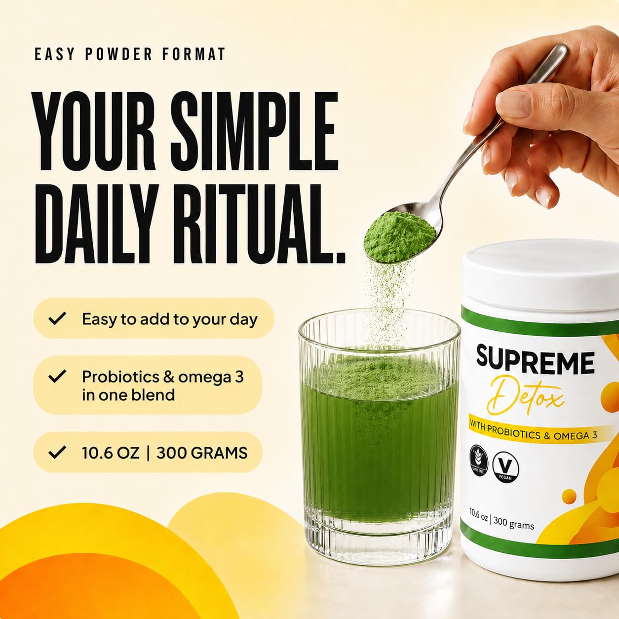 Supreme Detox en mesa de desayuno saludable, integración a la rutina