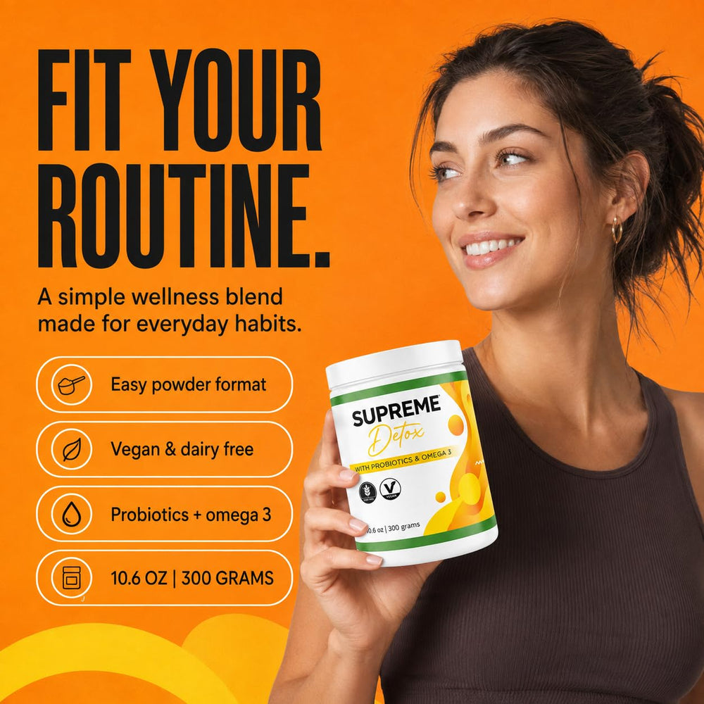 Supreme Detox ingredientes visuales representando probióticos y Omega-3